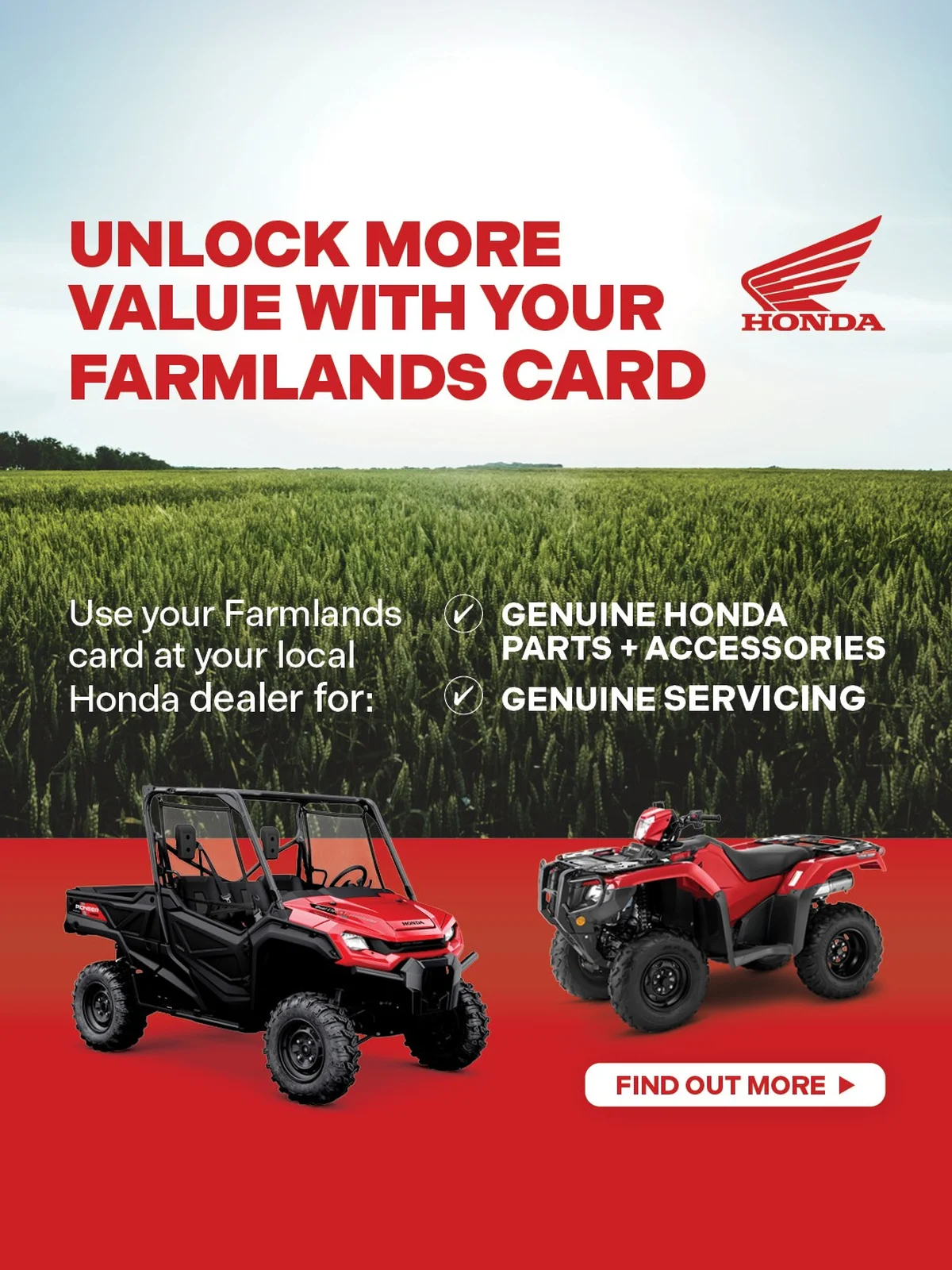 Honda card partner deal: Honda advertisement promoting Farmlands Card benefits with images of ATVs against a scenic field.