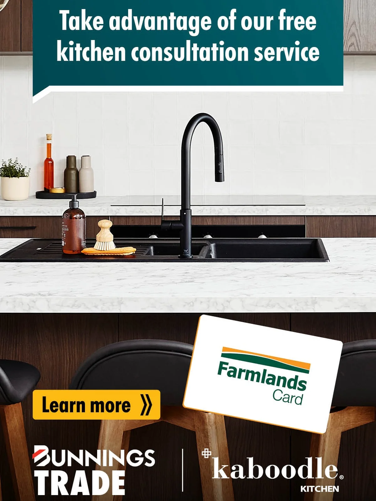 Bunnings card partner deal: Modern kitchen with marble countertop, black faucet, and accessories. Text offers free kitchen consultation. Bunnings