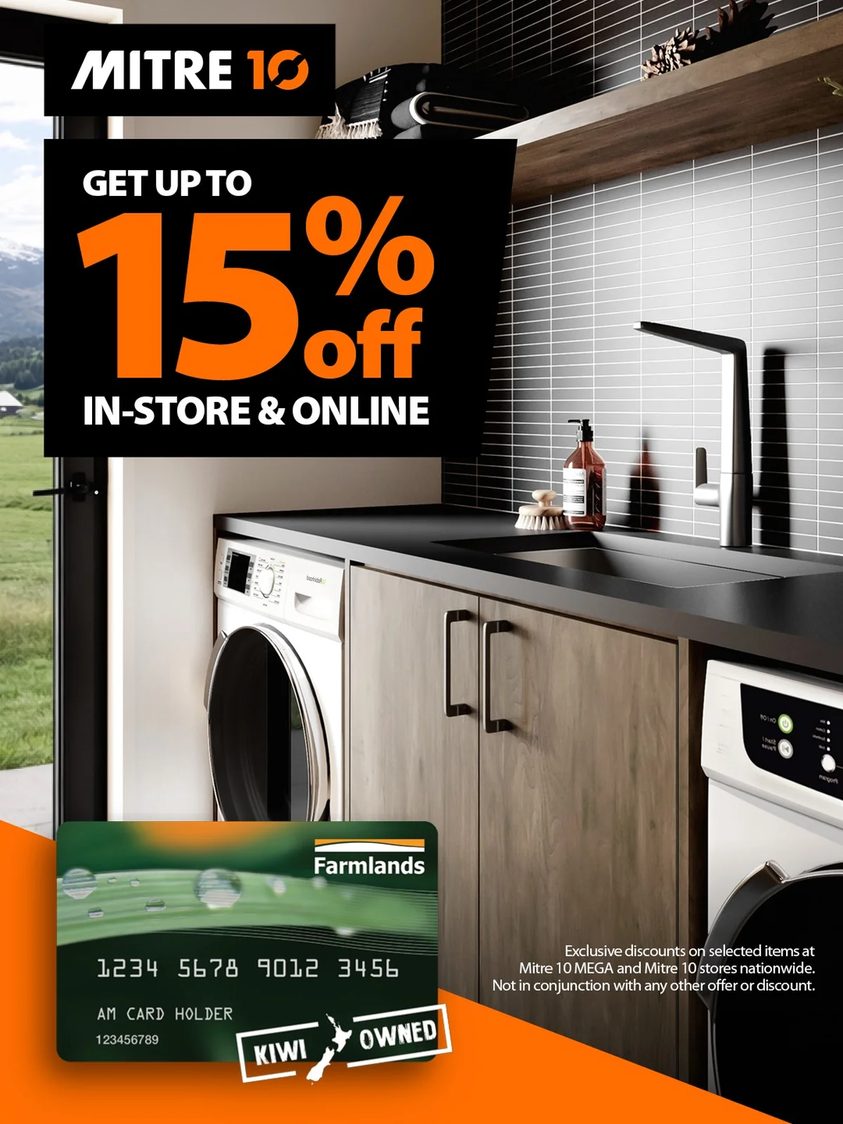 Mitre 10 card partner deal: Mitre 10 ad offering up to 15% off in-store and online, featuring a modern laundry setup and a Farmlands card.