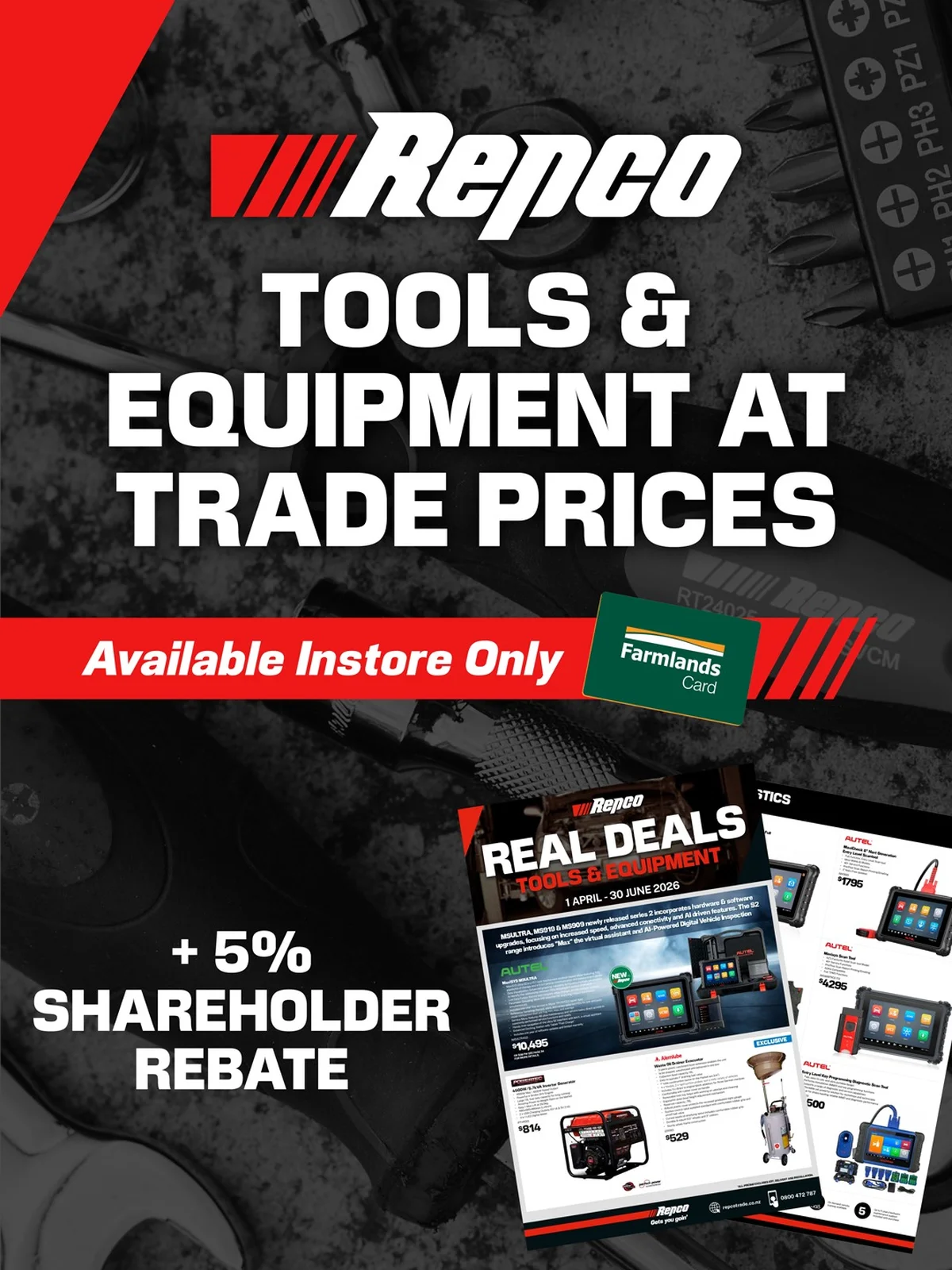 Repco card partner deal: Repco advertisement for tools and equipment at trade prices. Available in-store only. Includes a Real Deals brochure and 5%