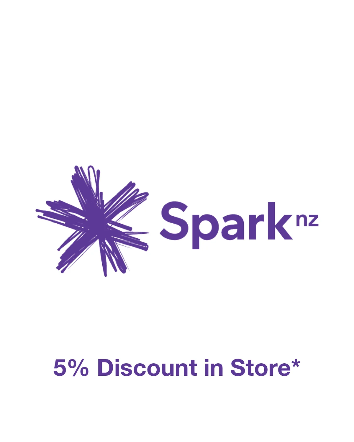 Spark card partner deal: Purple Spark logo and text 'Spark nz' with asterisk. Below, offer of '5% Discount in Store*' in purple text.