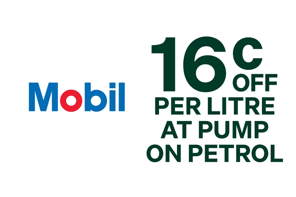 Farmlands fuel: Mobil logo next to text offering 16 cents off per litre at pump on petrol.