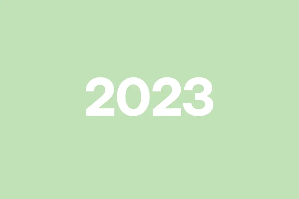 Bold white "2023" centered on a light green background