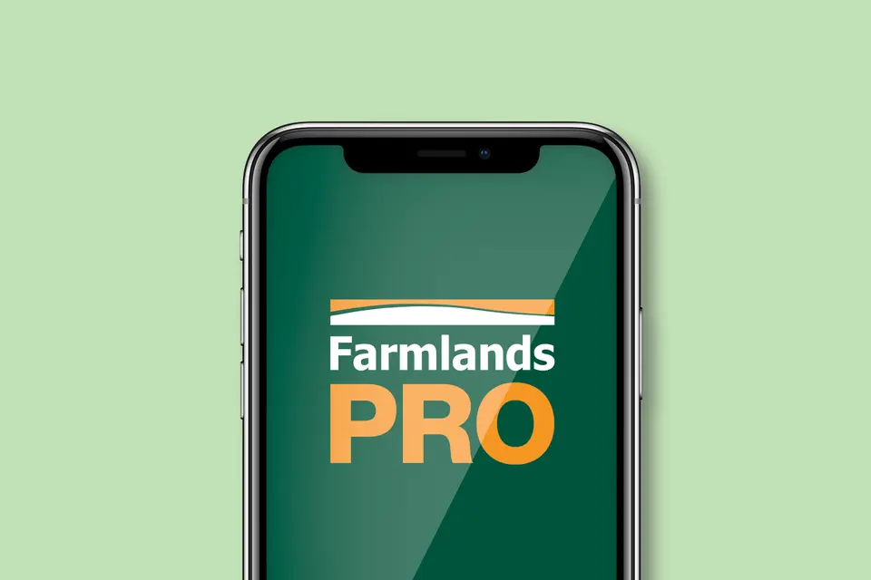 Smartphone displaying the FarmlandsPRO logo