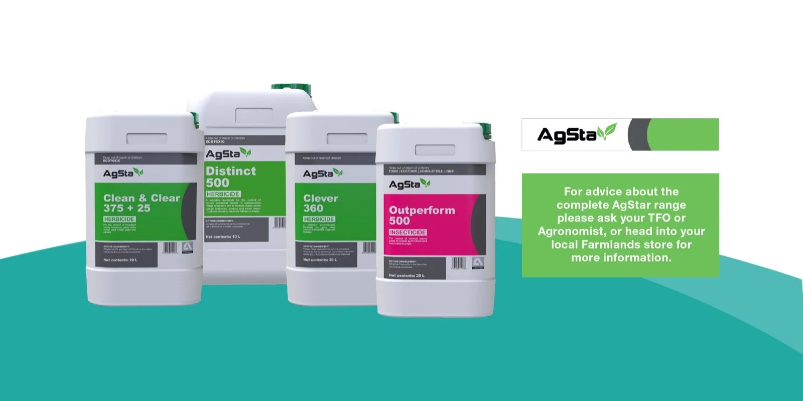 A clean and clear way to do business: Four AgStar brand containers (Clean & Clear, Distinct, Clever, Outperform) against a teal background.