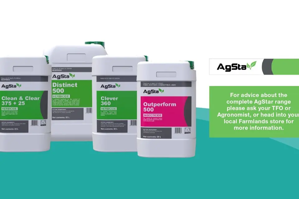 A clean and clear way to do business: Four AgStar brand containers (Clean & Clear, Distinct, Clever, Outperform) against a teal background.