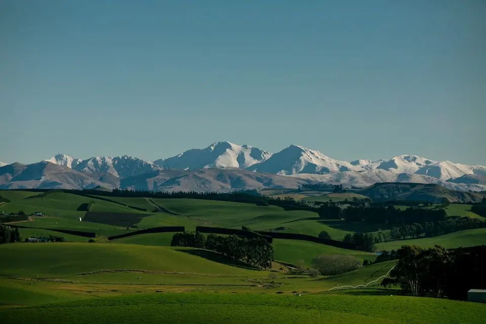 Green fields meeting snow-capped mountains