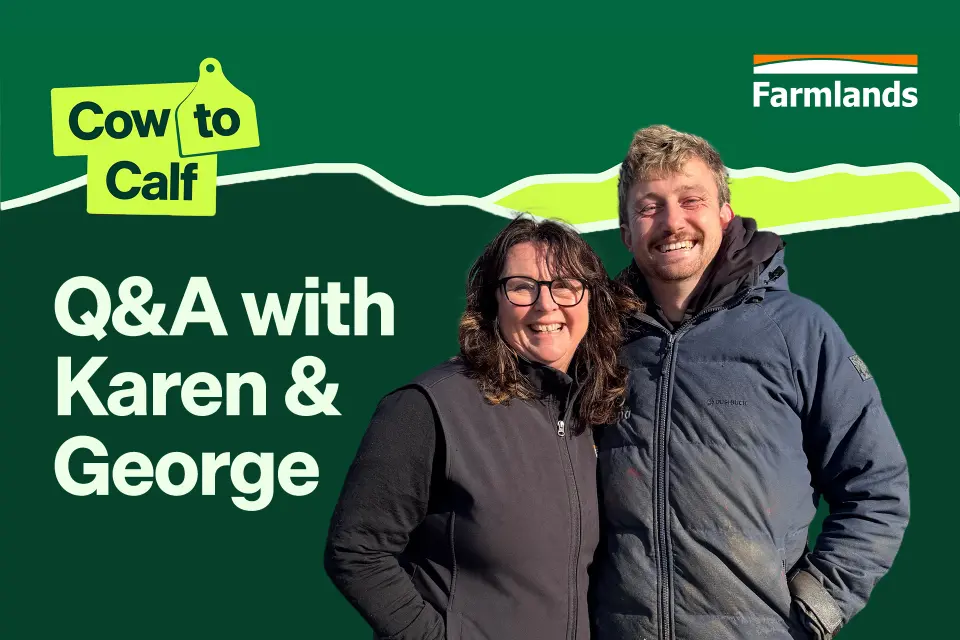 A smiling woman and man stand together against a green background with text "Q&A with Karen & George" and a Farmlands logo.