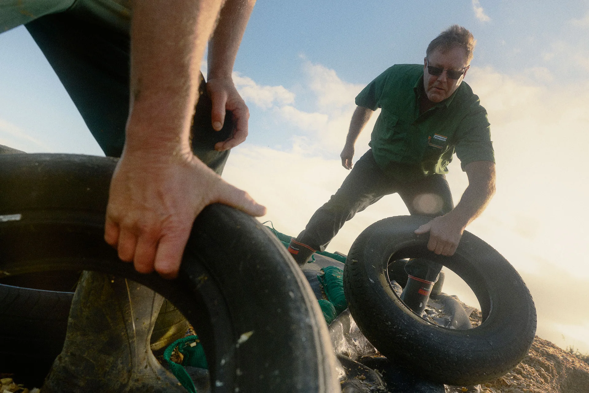 Two people moving tires outdoors, against a backdrop of blue sky and clouds. One is wearing a green Farmlands shirt.