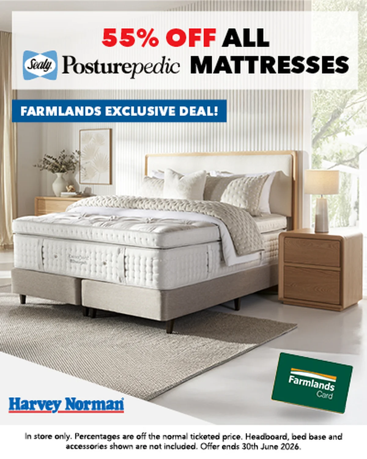 Harvey Norman card partner deal: Advertisement for Sealy Posturepedic mattresses at 55% off. Features a bed display with a nightstand, promoting a