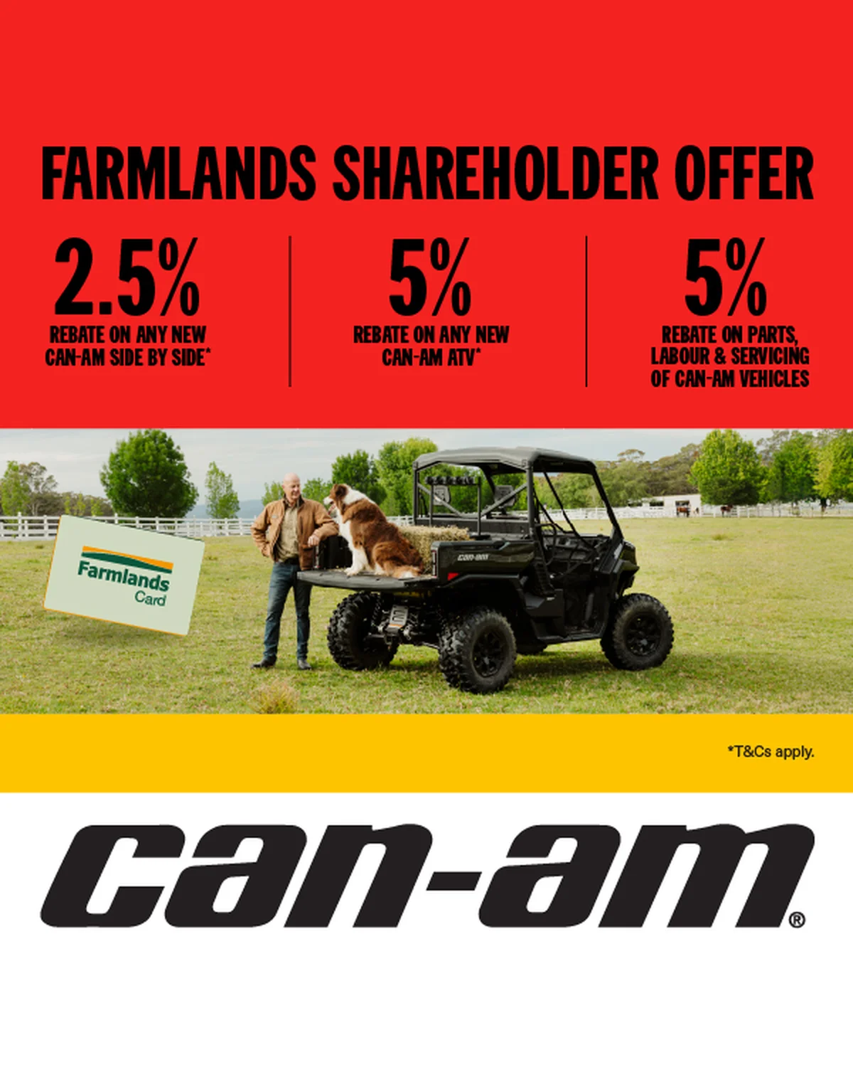 Can-Am card partner deal: Advertisement for Farmlands shareholder offer with rebates on Can-Am vehicles and services. Image shows a side-by-side