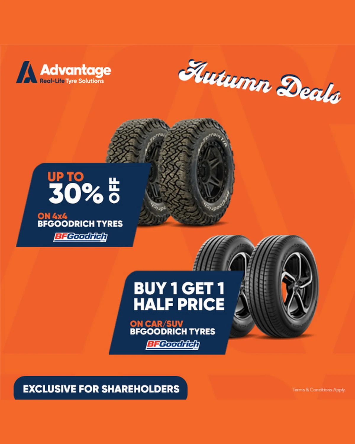 Advantage Tires card partner deal: Autumn tire deals: Up to 30% off 4x4 BFGoodrich tires, Buy 1 Get 1 Half Price on car/SUV tires. Exclusive for