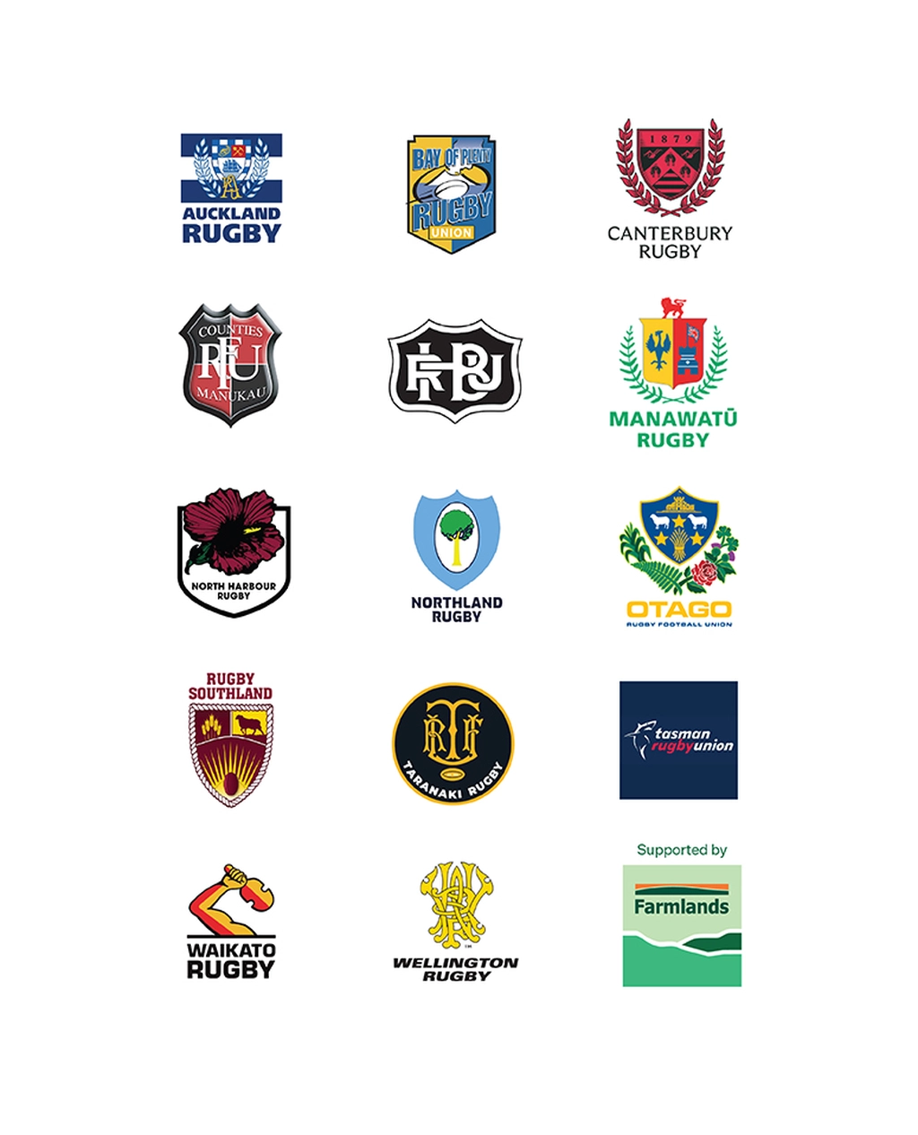 Logos of New Zealand rugby teams and unions, including Auckland, Canterbury, Northland, Otago, Waikato, and others, with a Farmlands supporter logo.