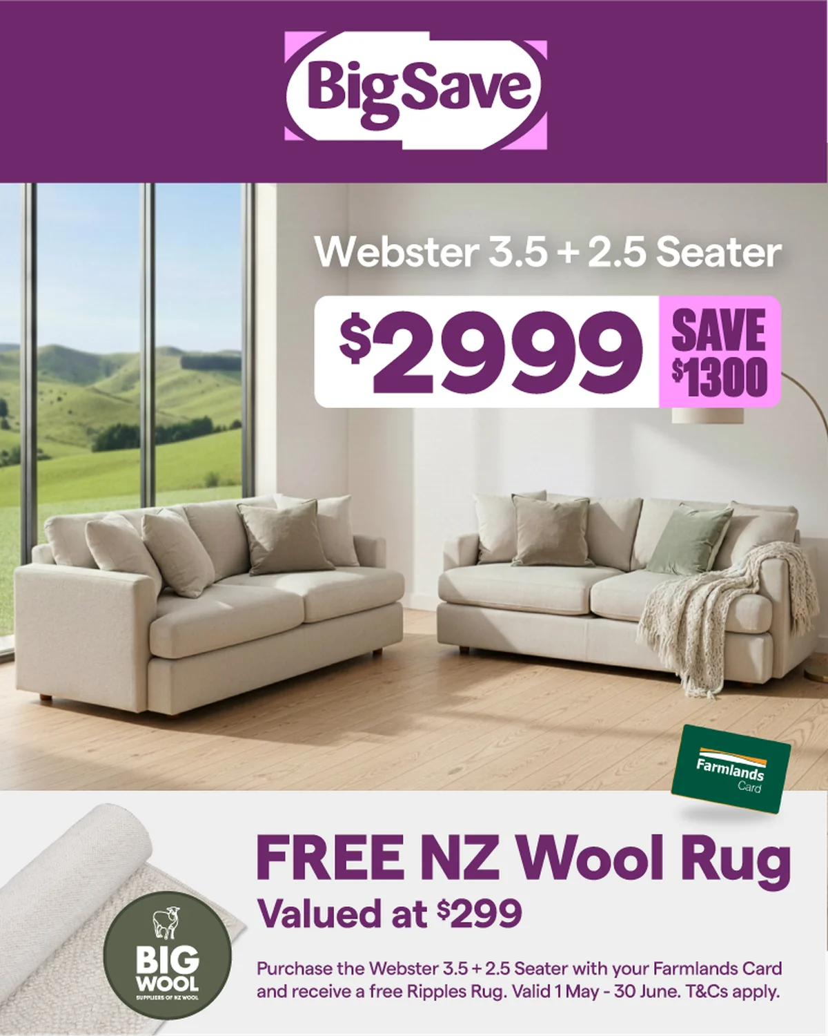Big Save card partner deal: Furniture sale ad featuring two sofas with a countryside view. Price $2999, save $1300, plus a free NZ wool rug worth