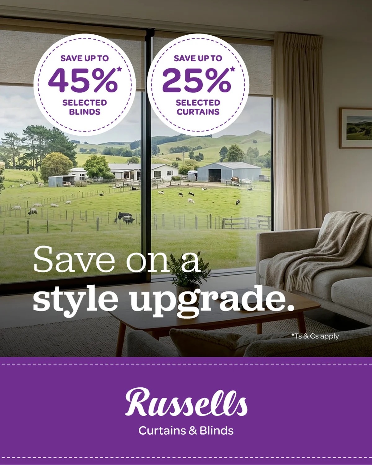 Russells card partner deal: Living room with large window overlooking fields, promoting discounts up to 45% on blinds and 25% on curtains from