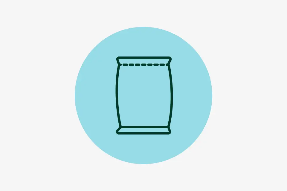 Agrecovery recycling: Icon of a simple, outlined bag in a blue circle on a light gray background.