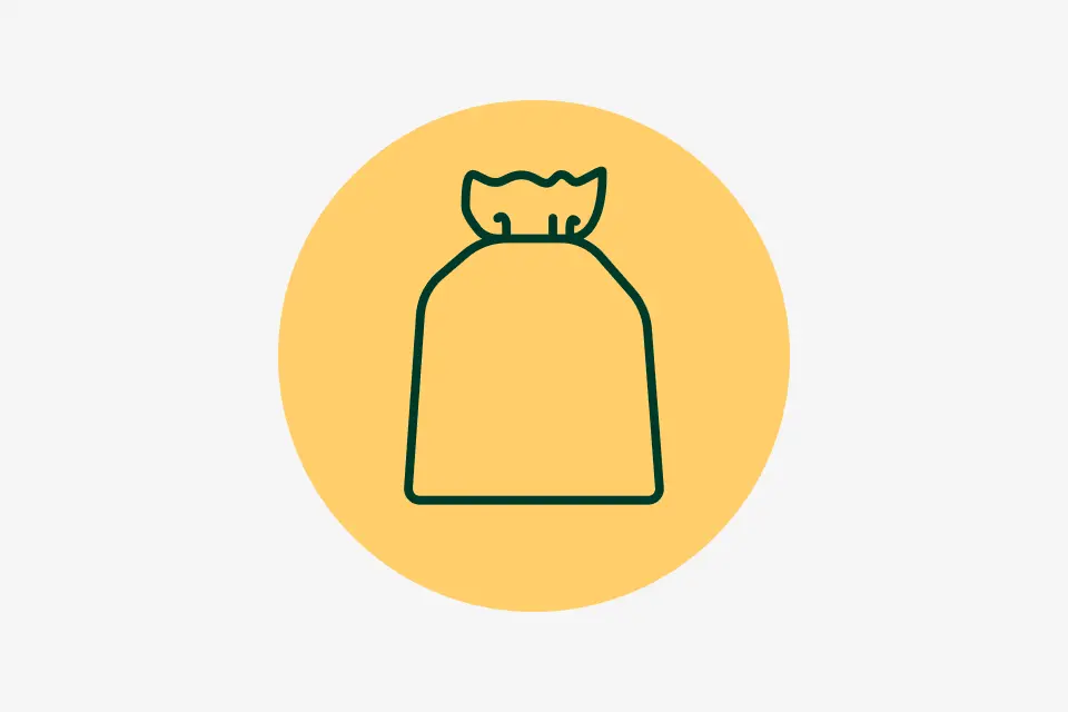 Agrecovery recycling: Outlined sack icon on a yellow circle, with a simple green line drawing against a light gray background.